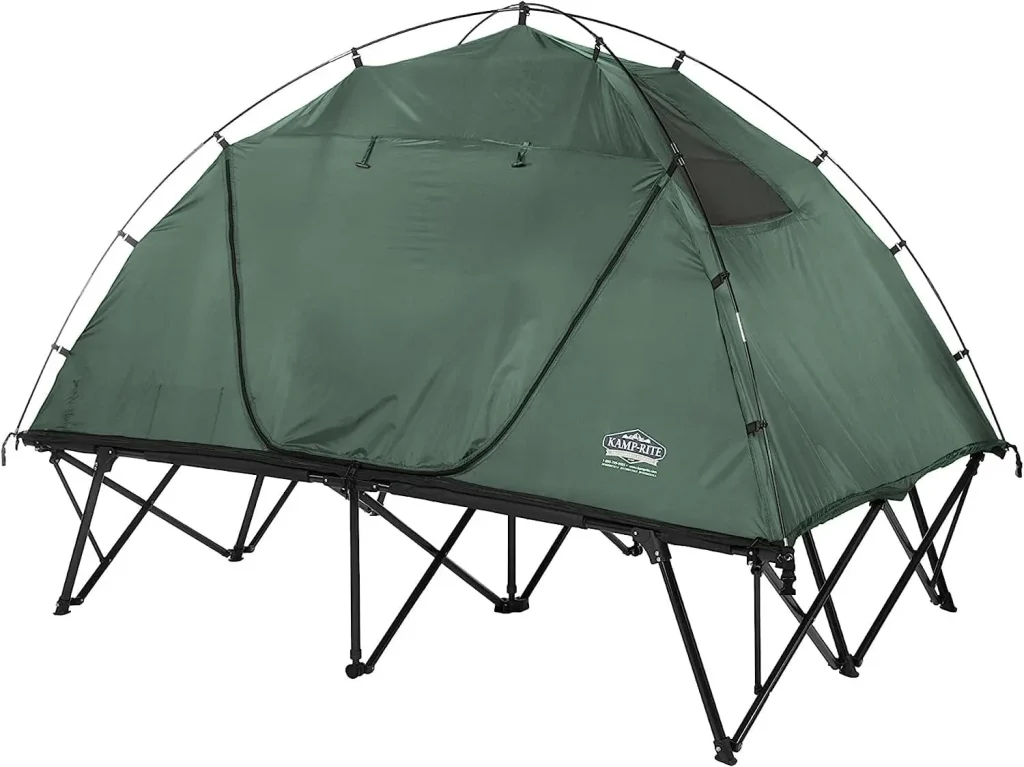 This tent cot boasts various features, including an elevated sleeping platform, two doors for easy access, 