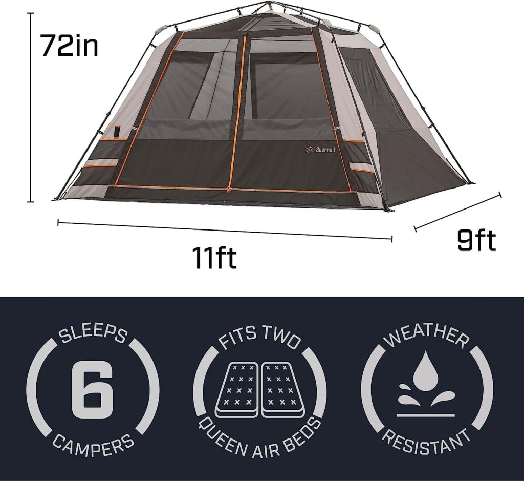 The Bushnell Instant 6-Person Tent strikes an ideal balance between size and weight, making it convenient to carry and set up